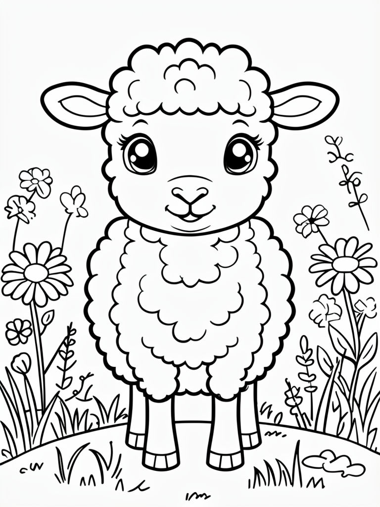 Adorable Cartoon Lamb Coloring Page for Kids Coloring Book Pages