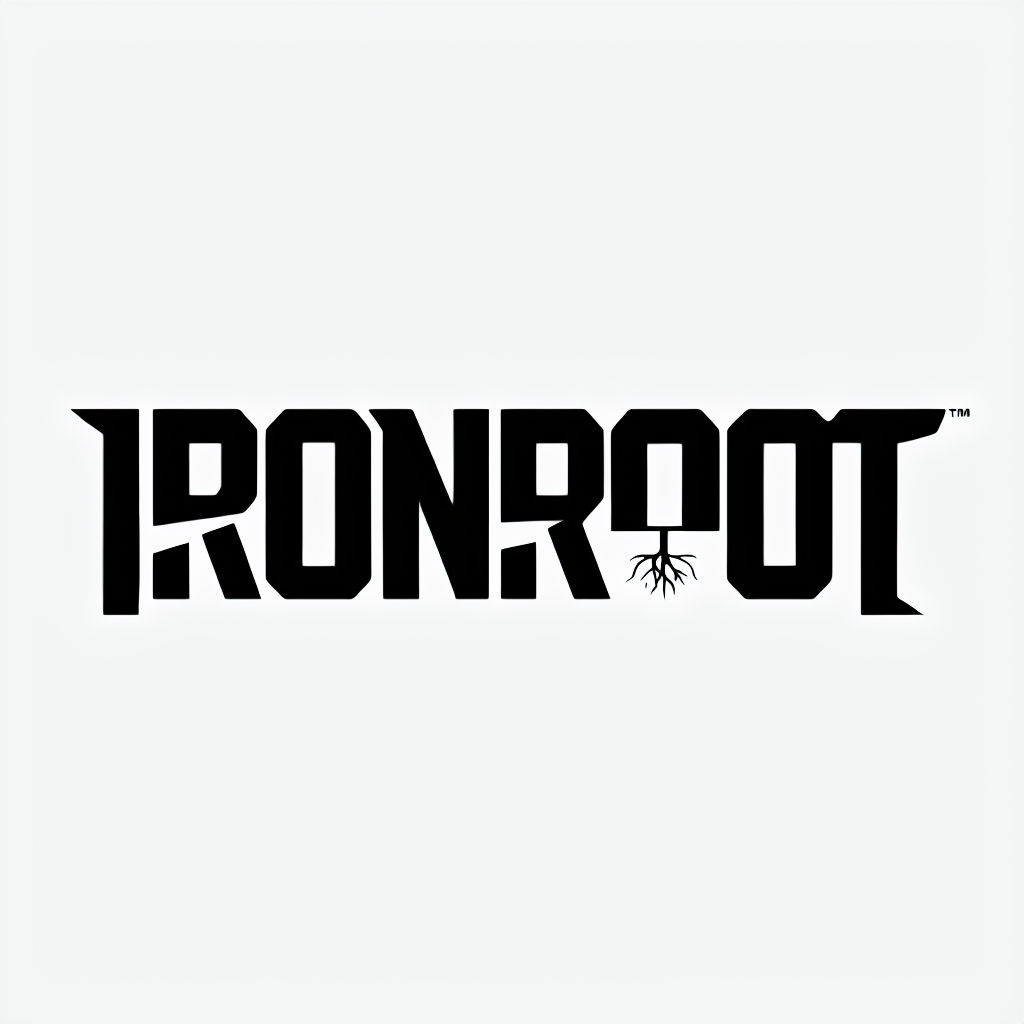 Bold Monochrome IRONROOT Fitness Logo Design for Strength Brand