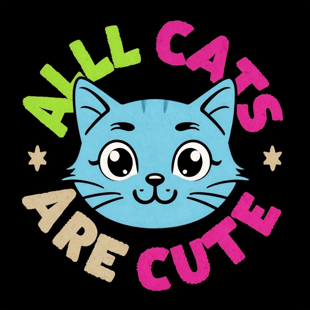 Cute Light Blue Cat Face with Colorful Text T-Shirt