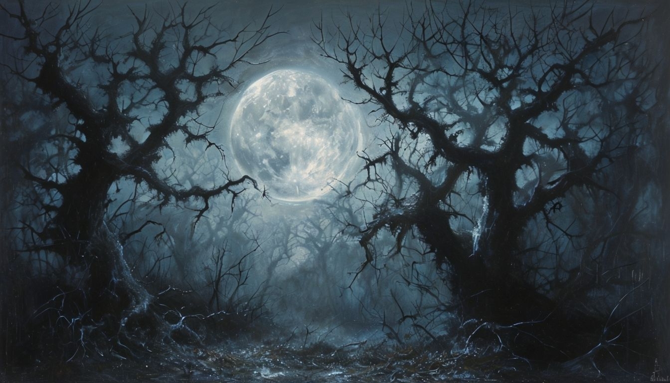 Eerie Night Landscape with Full Moon and Gnarled Trees Background