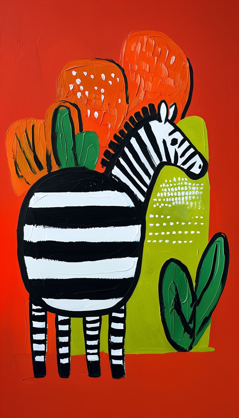 Bold Naive Style Zebra Painting with Abstract Patterns Art