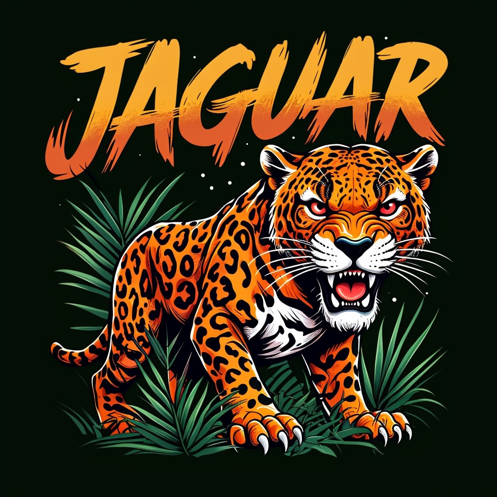 Fierce Cartoon Jaguar Illustration with Palm Fronds T-shirt