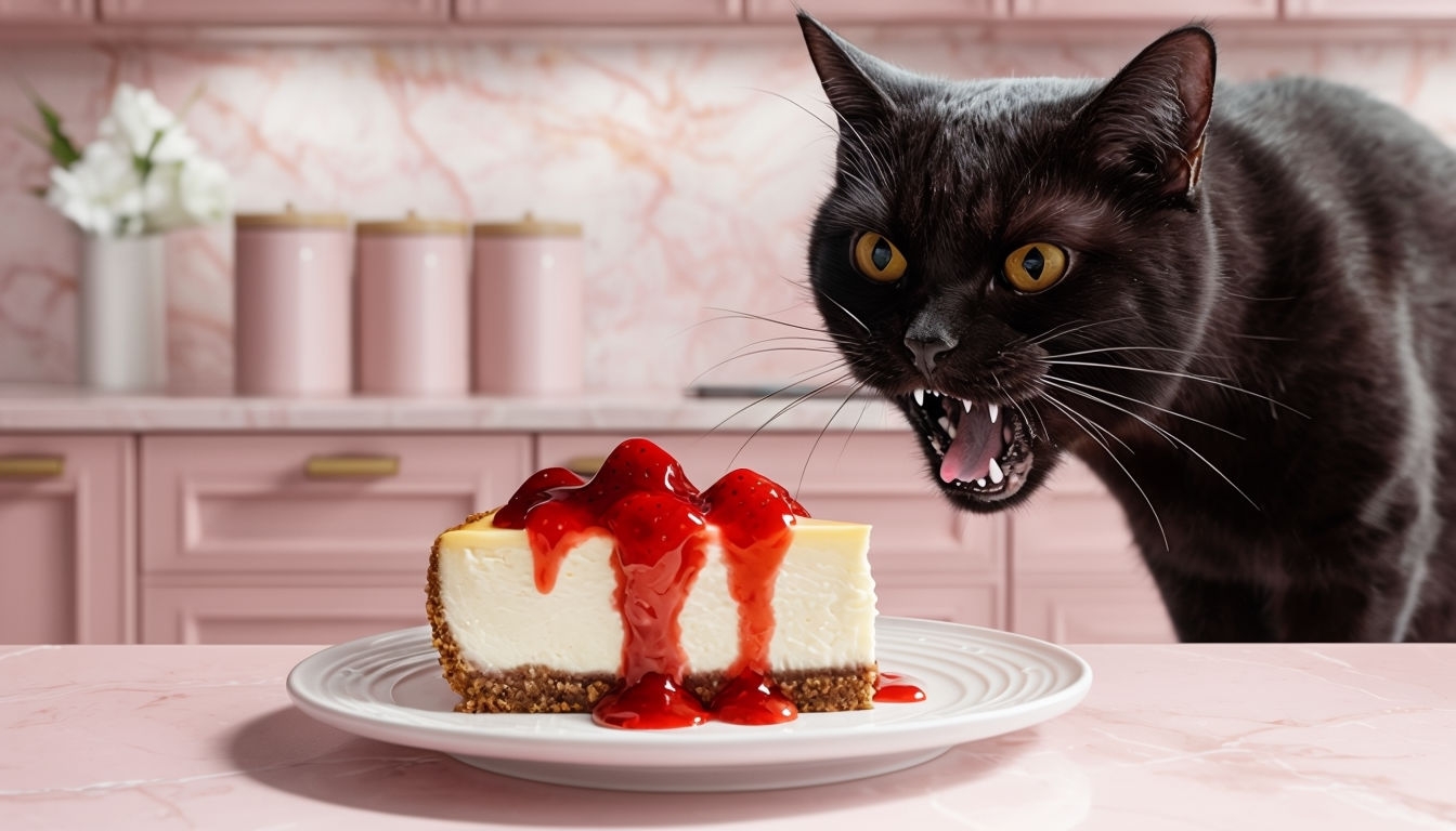 Playful Cat Eyeing Cheesecake in Modern Blush Pink Kitchen Virtual Background
