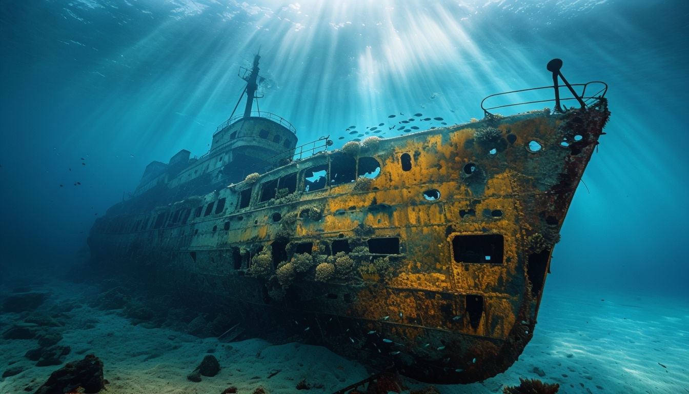 Majestic Sunken Ocean Liner Shipwreck Underwater Scene Background