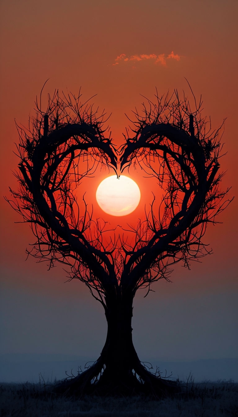 Romantic Silhouette Tree with Heart Shape and Radiant Sun Mobile Wallpaper