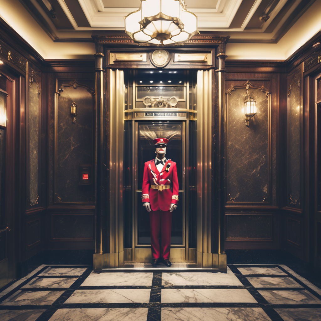 Haunted antique elevator with spooky bellhop straight on vie... by mike ...