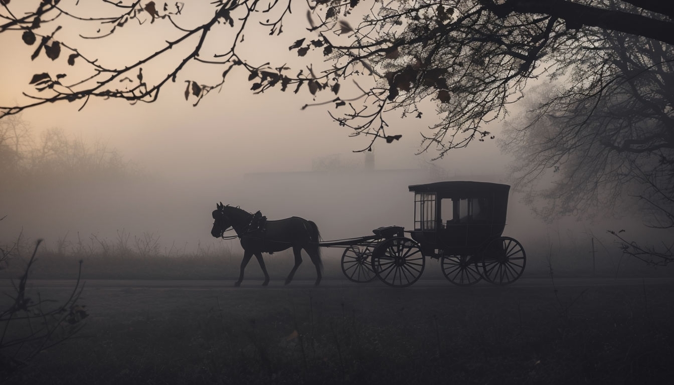 Serene Horse-Drawn Carriage in Foggy Landscape Virtual Background