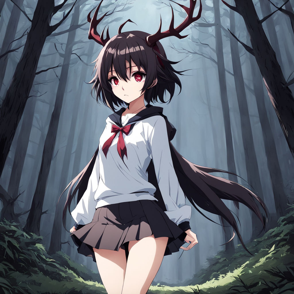 Anime girl deer horns pale skin black coat brown hair