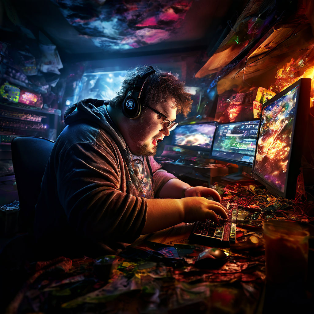 a fat man playing in his gaming computer