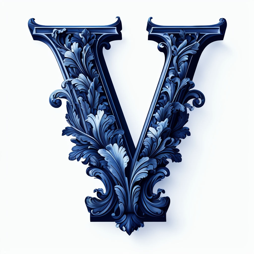 Elegant Blue Baroque Letter V Artwork Monogram