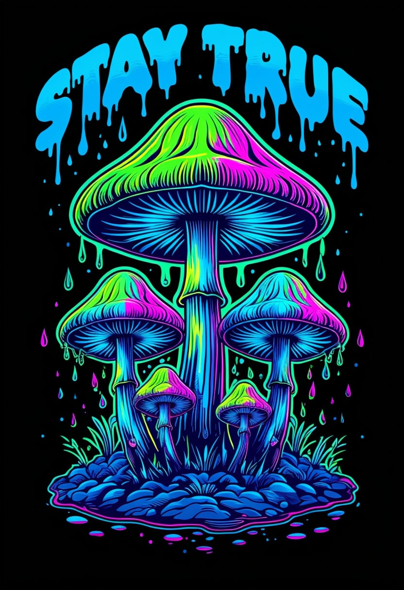 Psychedelic Neon Mushroom Cluster with Stay True Text T-Shirt
