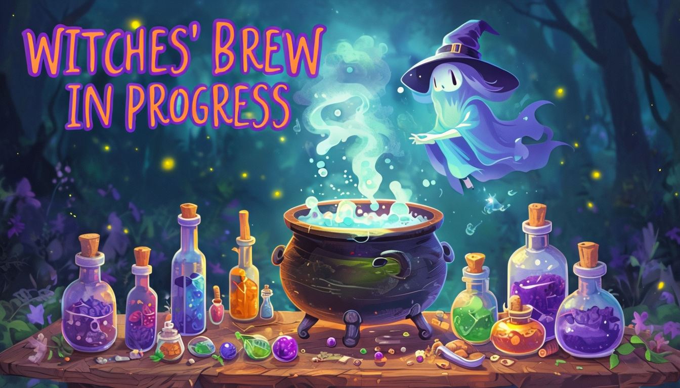 Whimsical Witch's Brew Cartoon Art with Enchanted Forest Background