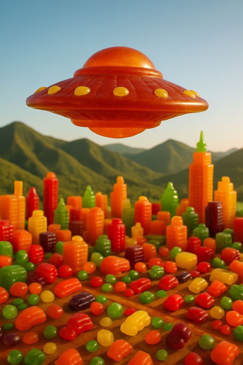 Vibrant Candy Cityscape with UFO in a Whimsical Landscape Art
