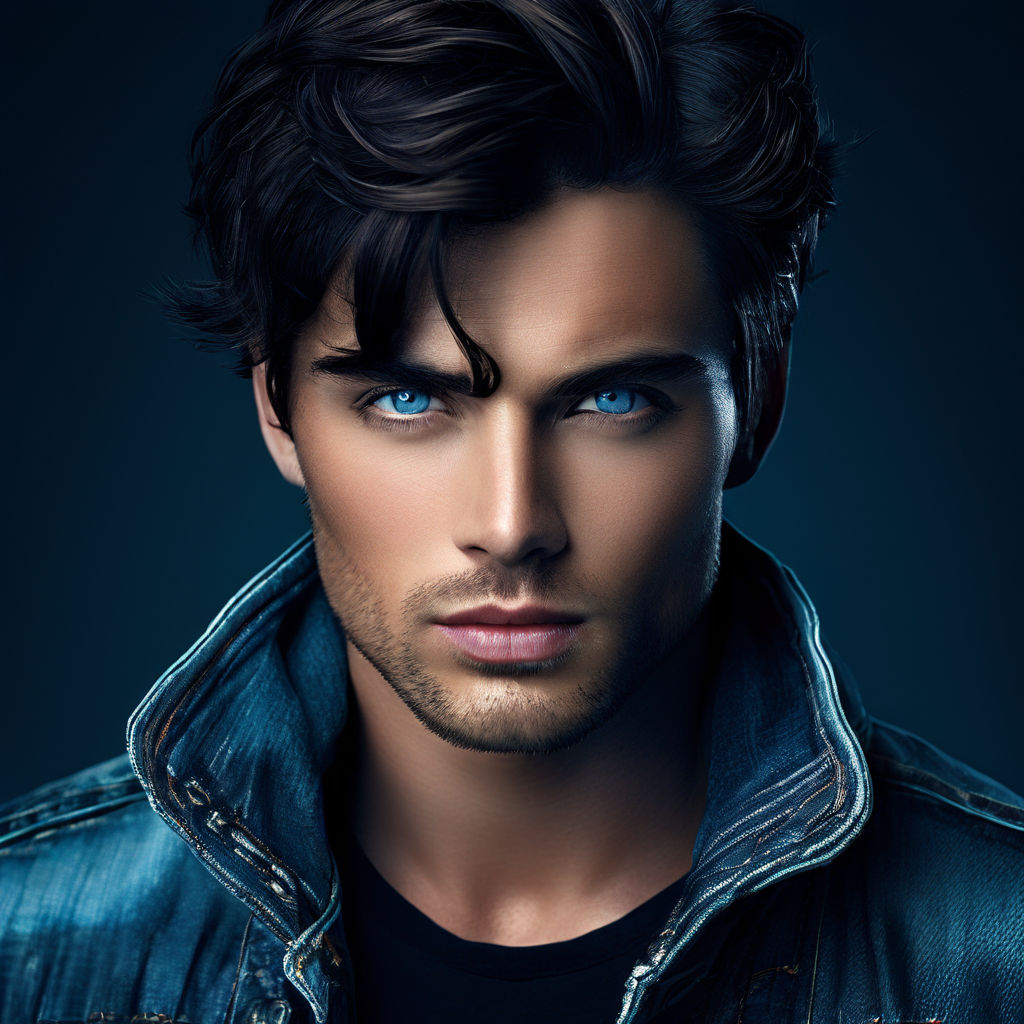 a 28-year-old man; English heritage; 182cm tall; well-proportioned figure;  piercing blue eyes; chiseled facial features and strong jawline;  clean-shaven; short blond hair; dressed in jeans