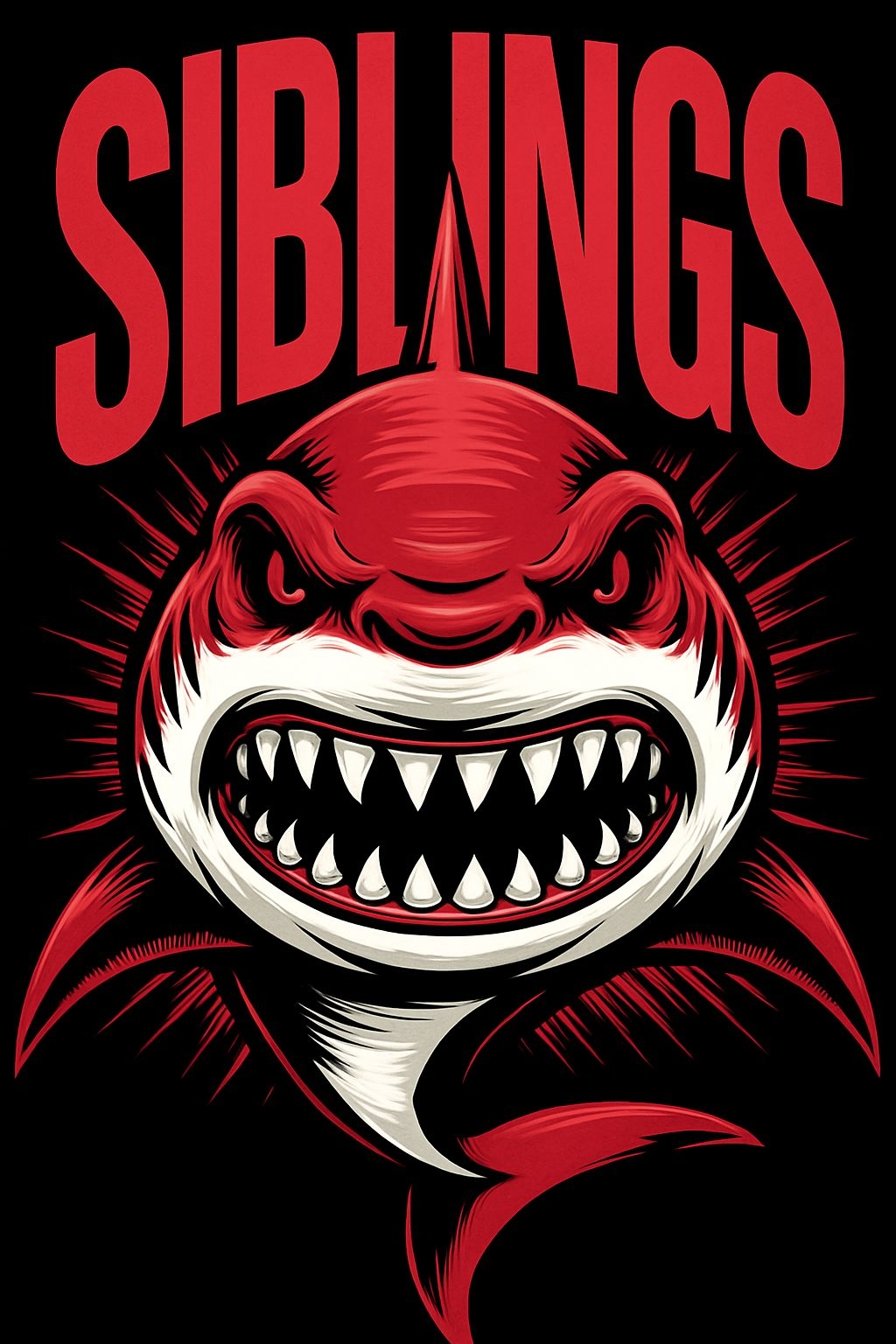 Menacing Crimson Shark Face with Bold Siblings Typography T-Shirt