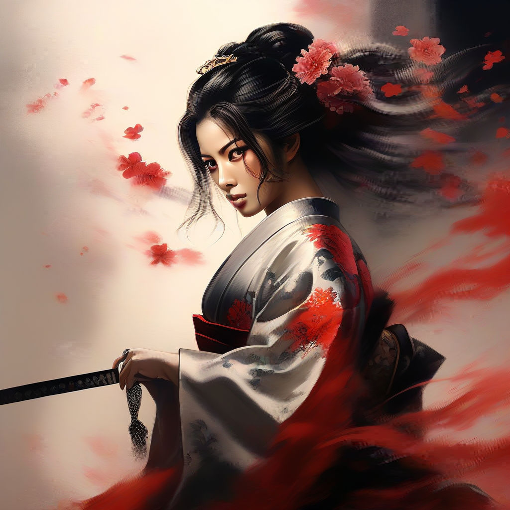 Geisha samurái en kimono katana fighting fire and blood by Mauro Romano ...