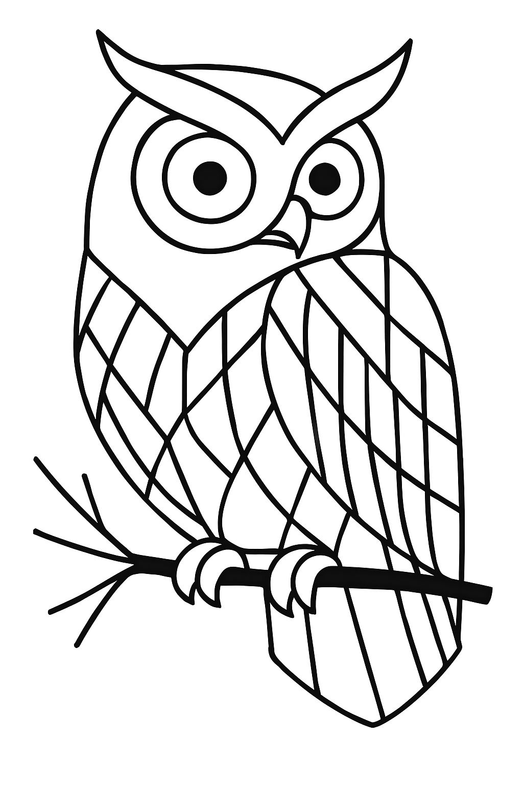 Cartoon Owl Perched on Branch Black and White Line Drawing Coloring Book Pages