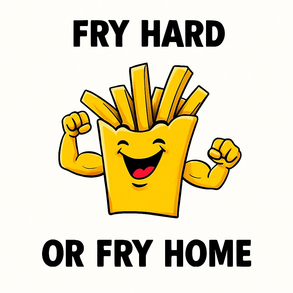Playful Anthropomorphic French Fries with 'Fry Hard' Sticker