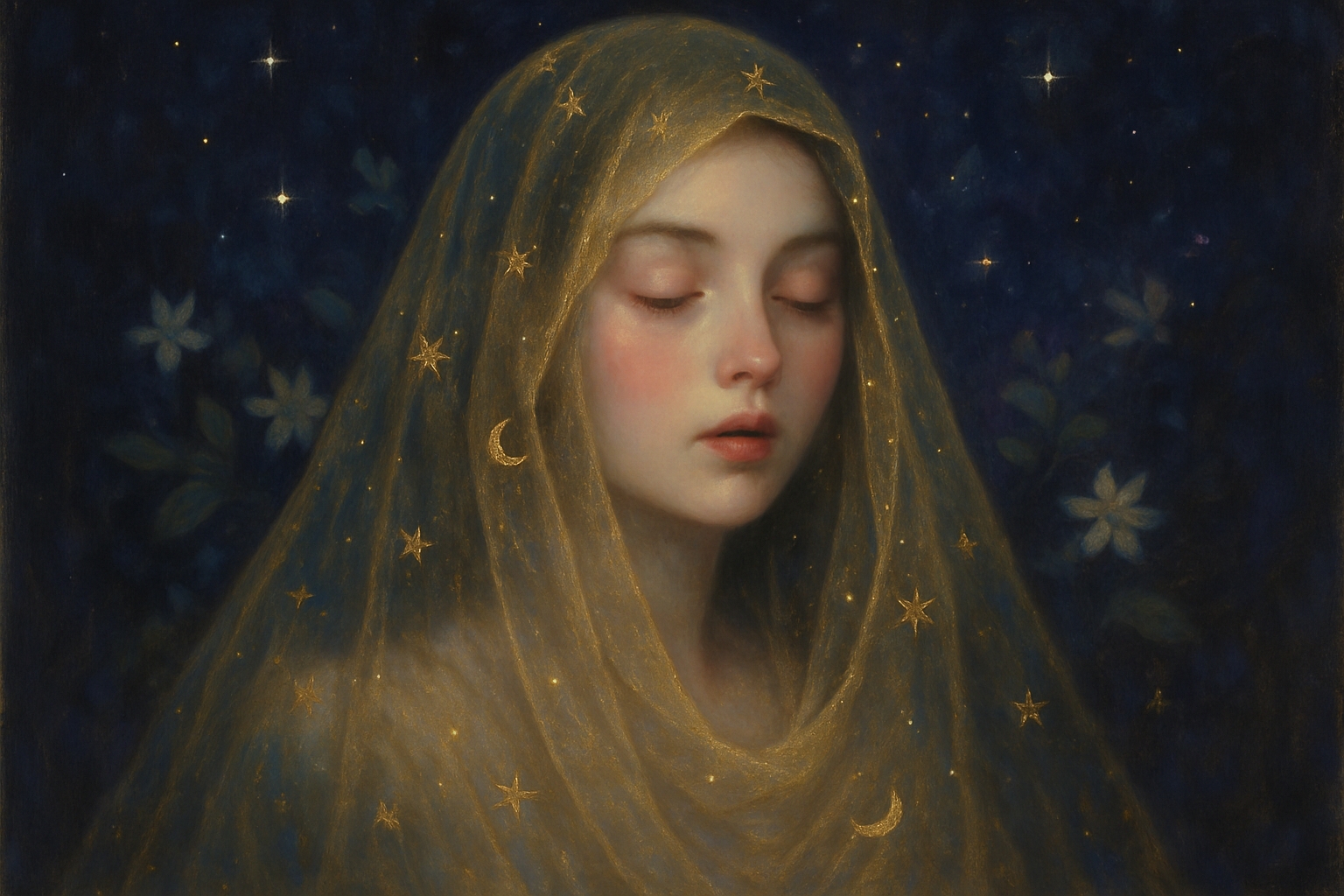 Serene Young Woman in Golden Veil Portrait Art