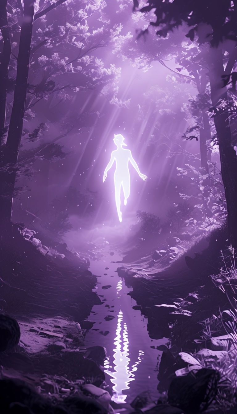 Mystical Ultraviolet Forest Scene with Ethereal Floating Figure Mobile Wallpaper