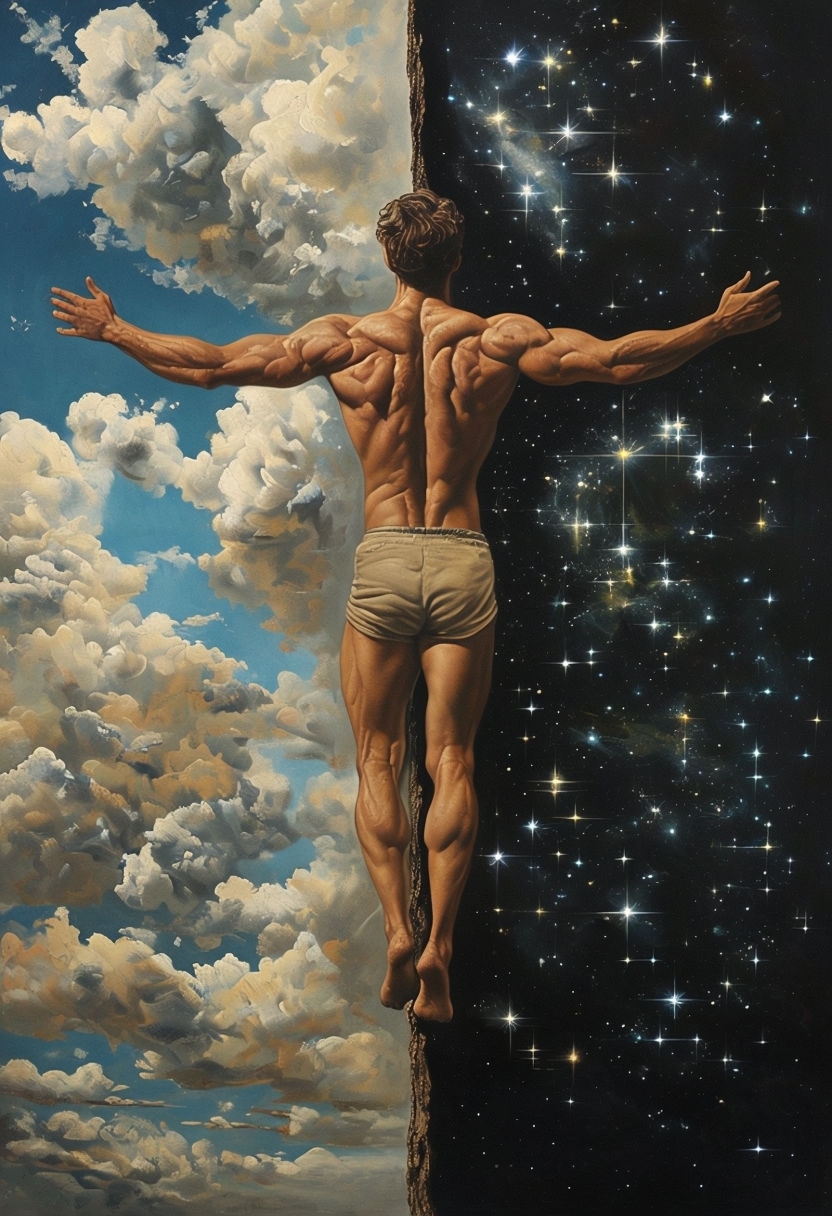 Surrealistic Muscular Man Between Sky and Space Painting Poster