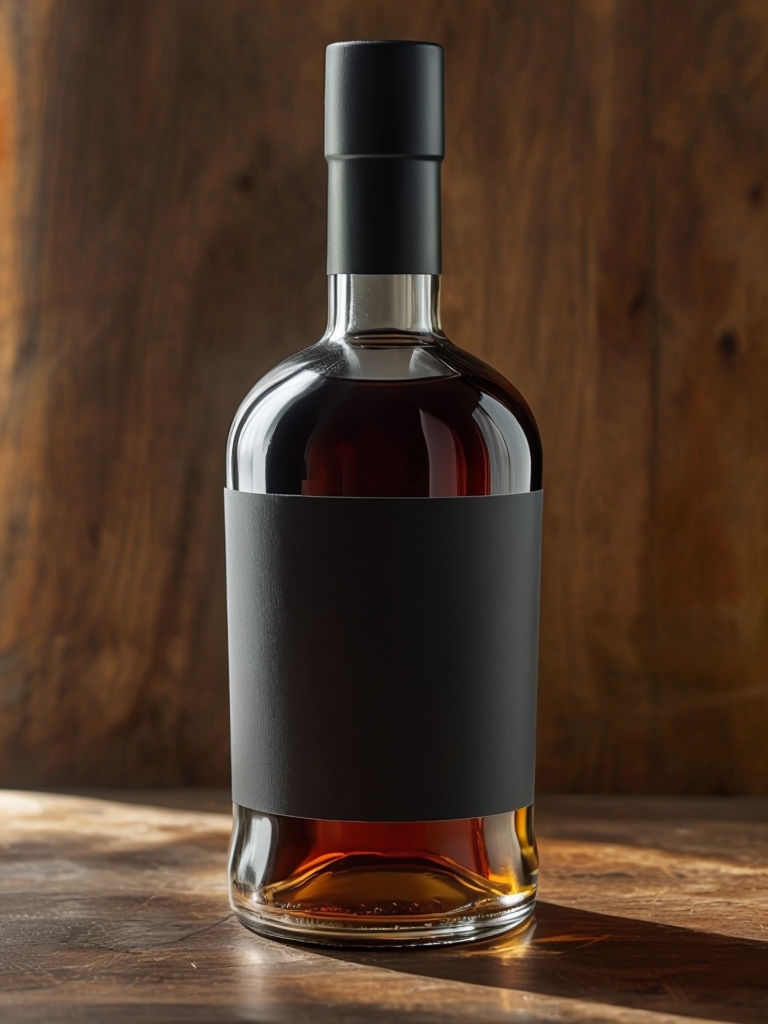 Elegant Amber Brandy Bottle on Rustic Wooden Countertop Mockup