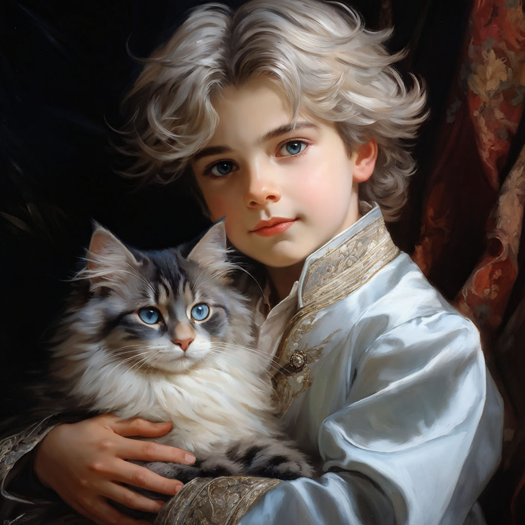 Pics of a boy with white hair with his cat in the end of time with anime  style