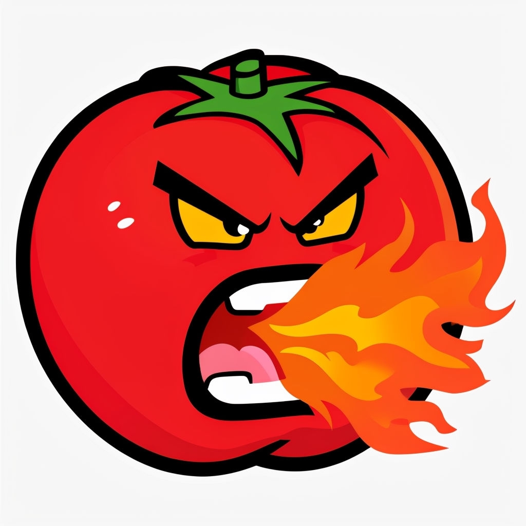 Angry Cartoon Red Tomato Character with Flames Sticker