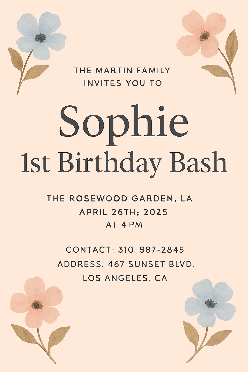 Elegant Peach Floral Minimalist Birthday Invitation Card