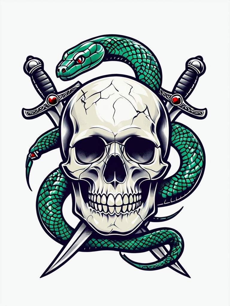 Edgy Skull and Serpent Tattoo Art for T-Shirt Design