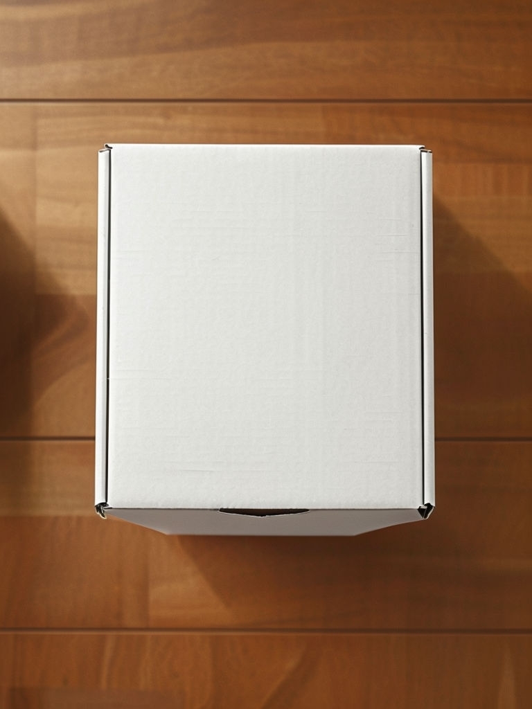 Elegant White Cardboard Box on Wooden Tile Background Mockup