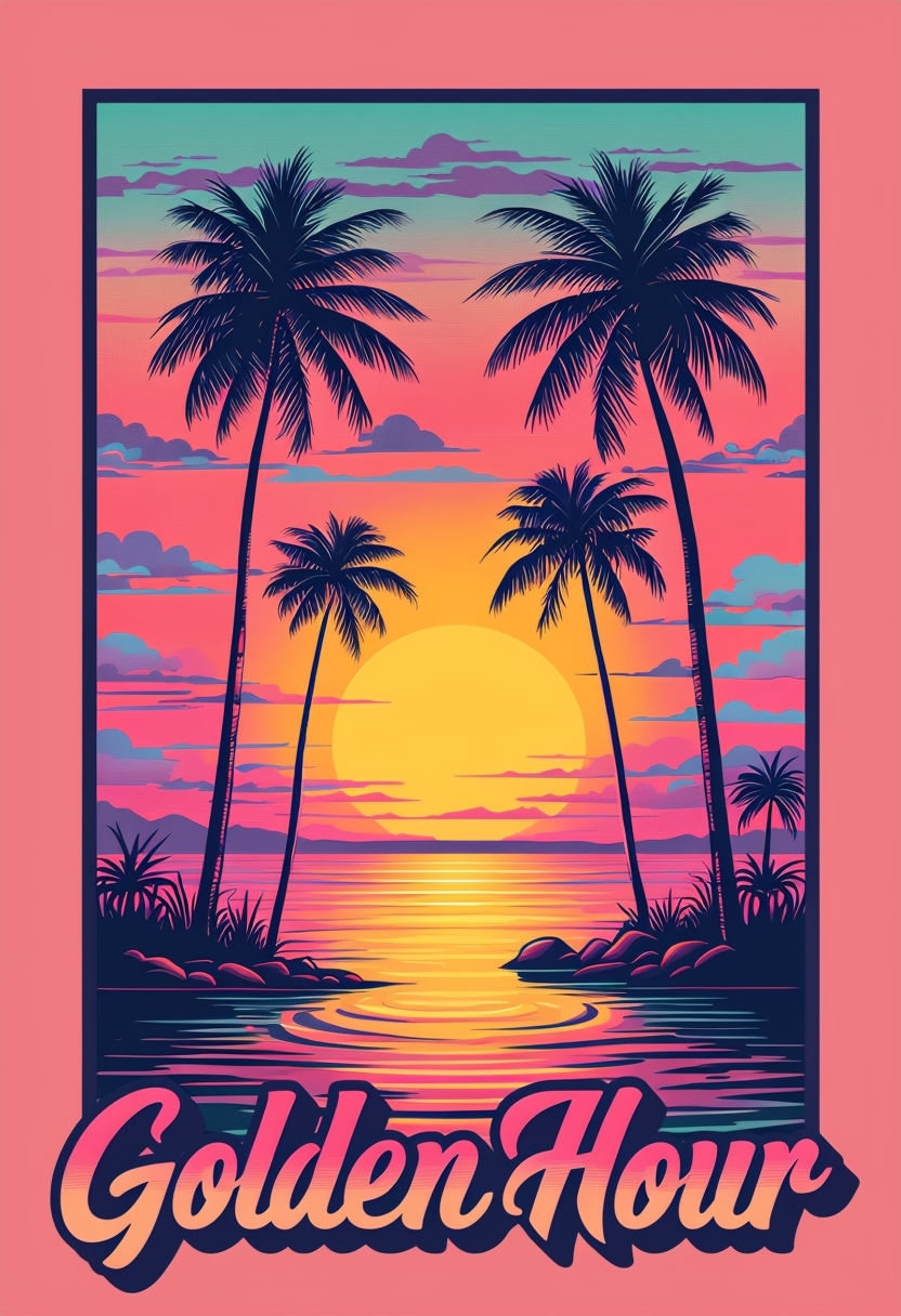 Vibrant Tropical Sunset with Palm Trees and Golden Hour Text Poster