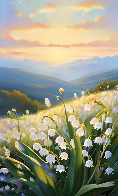 Prompt: Lilies of the valley blanket a sprawling field, delicate bell-shaped flowers densely packed, hues of iridescent white and green foliage, distant mountains rising starkly against a soft blue sky, shadows cast by the warm glow of early morning light, composition, rule of thirds, golden hour, digital painting, ultra realistic.