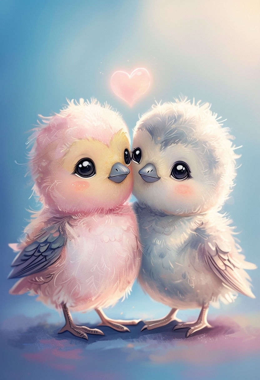 Adorable Baby Birds in Tender Embrace Digital Art Poster