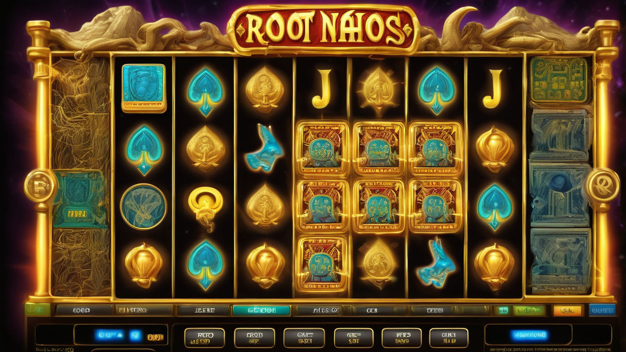 Video slot machine interface featuring a central theme of "Root Name," dynamic slot reels adorned with intricately designed game icons including playing cards, cash symbols, and mythical creatures associated with the game's mythos, screen framed by ornate golden hieroglyphics, soft glow emanating from the screen, creating a mystical ambiance, digital render.