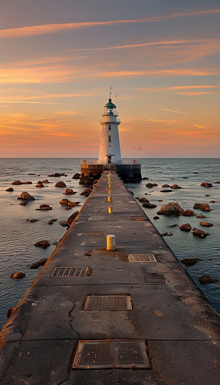Serene Lighthouse at Pier with Sunset Sky Mobile Wallpaper