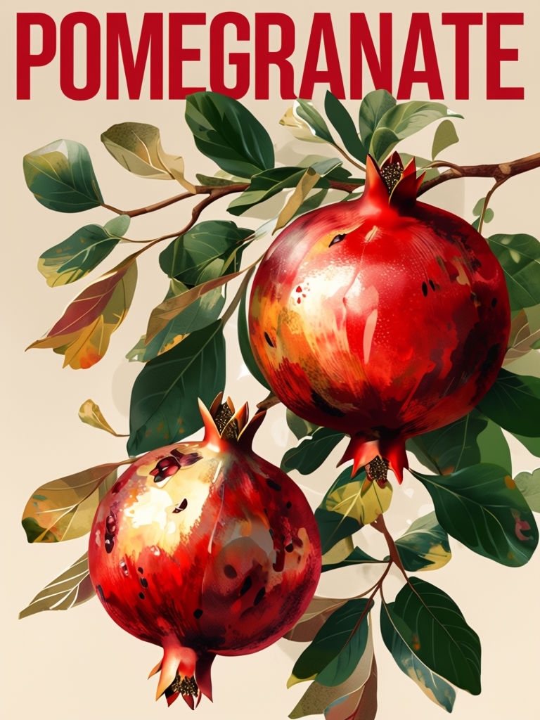 Vibrant Pomegranate Illustration with Green Leaves Poster