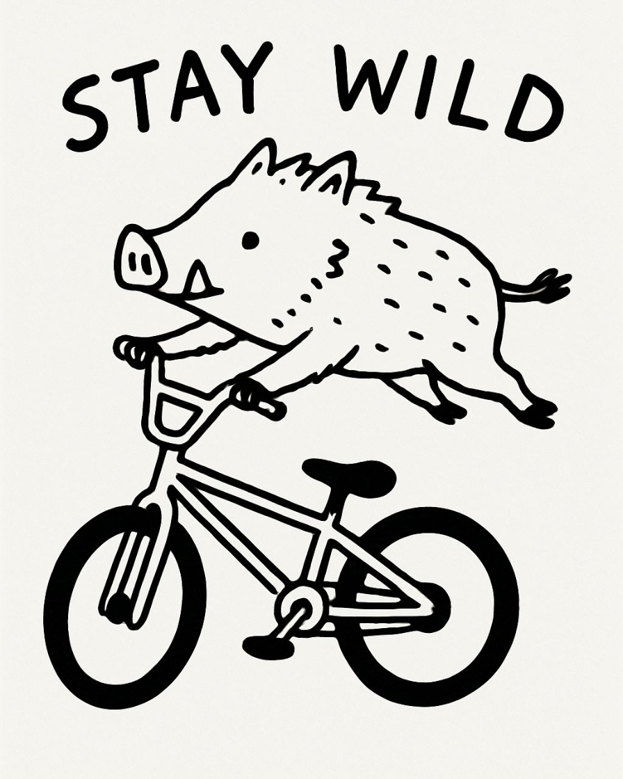 Playful Boar BMX Ride with Stay Wild Text T-Shirt