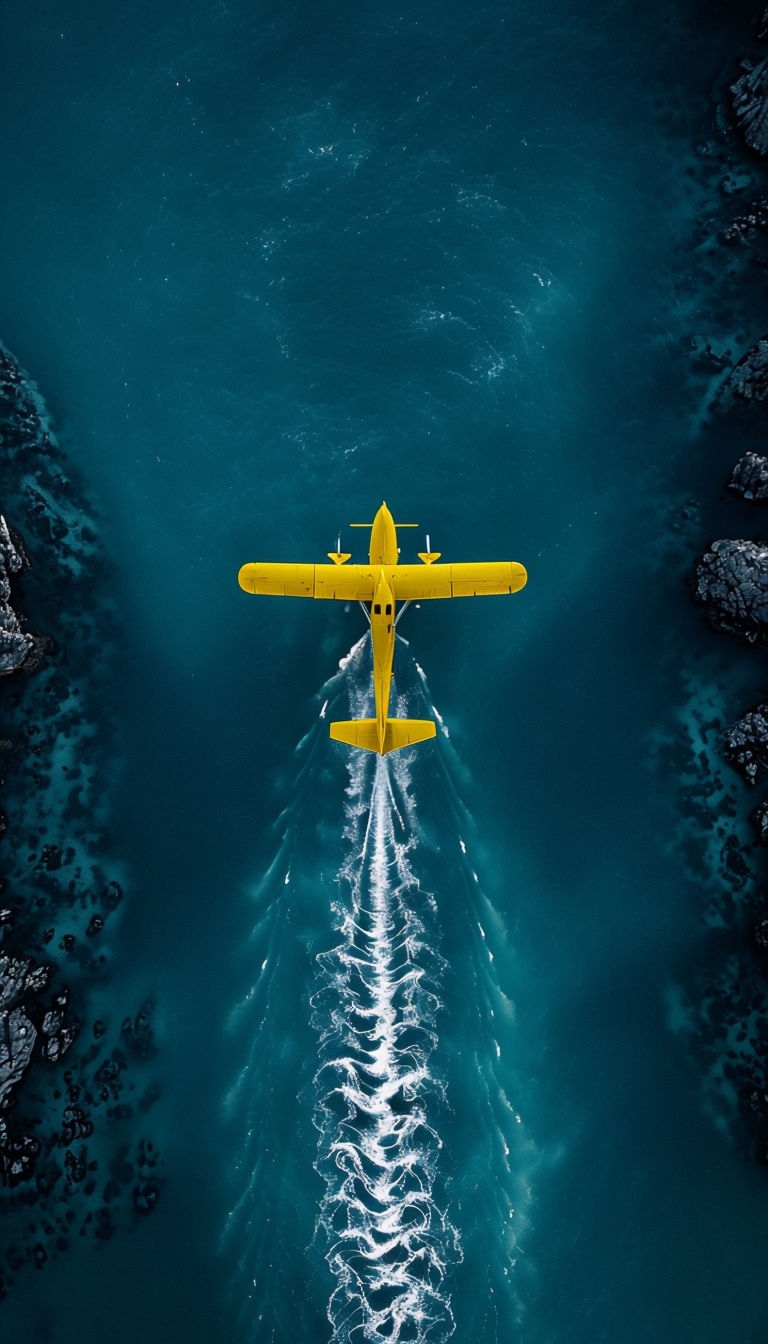 Vibrant Yellow Seaplane Over Teal Blue Water Aerial Art Poster