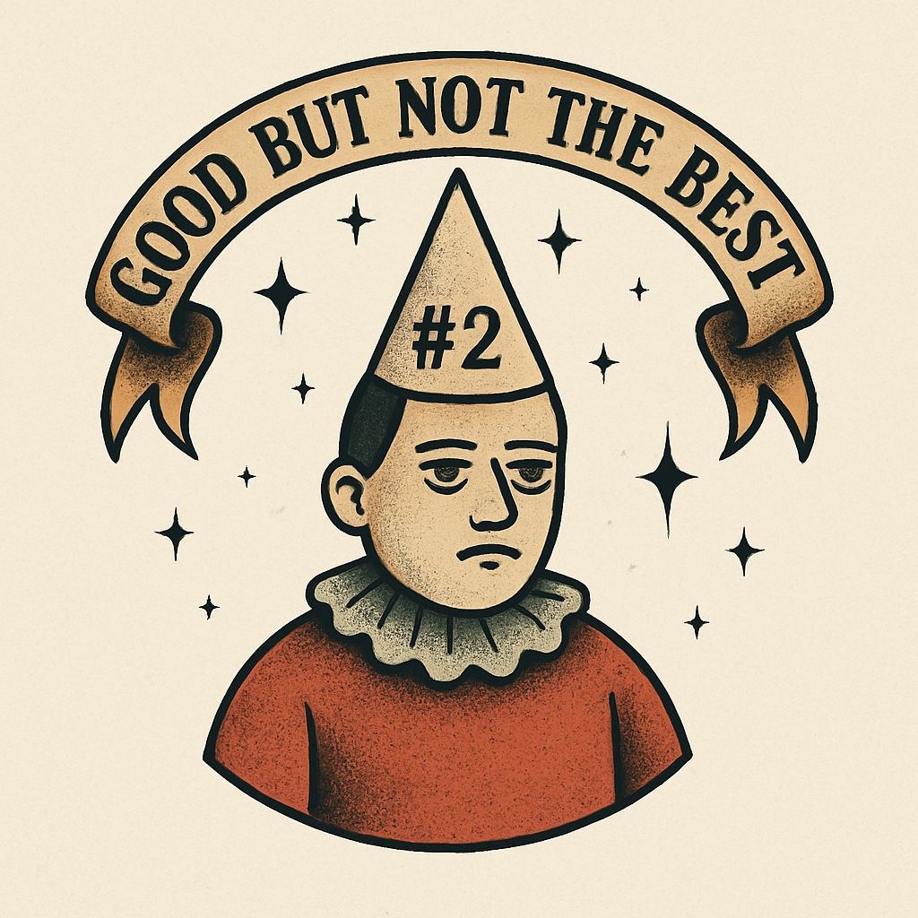 Vintage Sad Character Illustration with Whimsical Banner Sticker