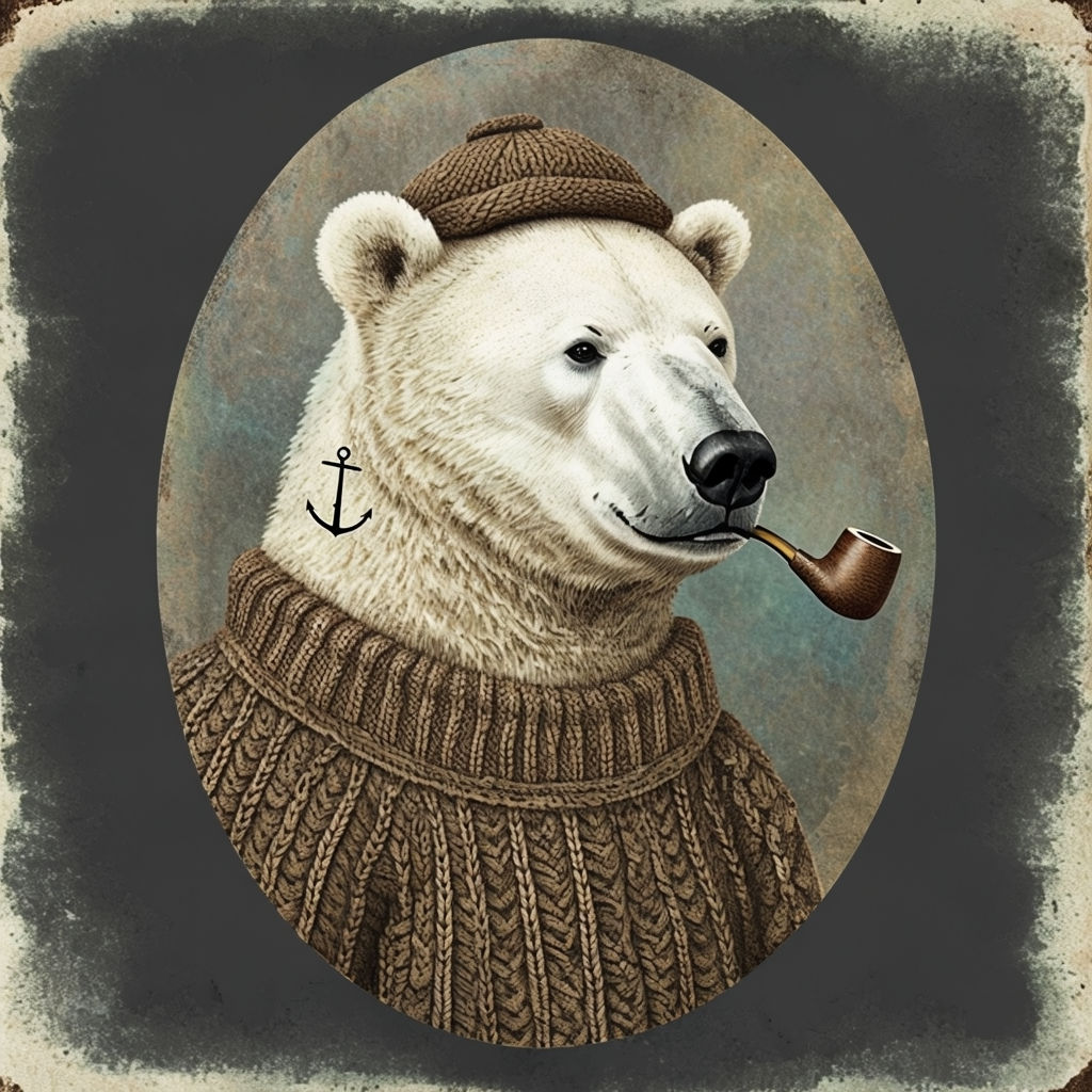 Whimsical Vintage Polar Bear Illustration with Nautical Elements Art