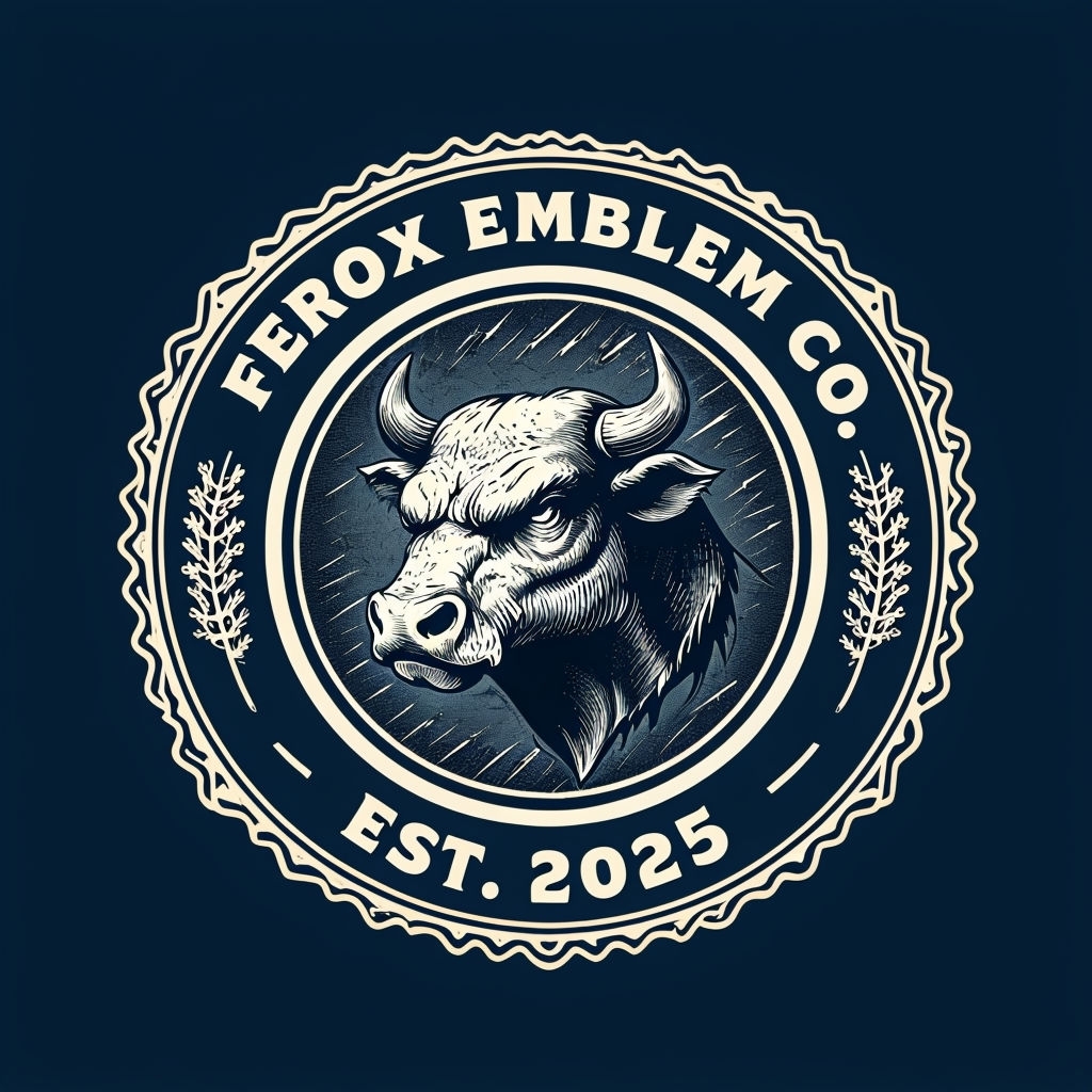 Vintage Navy Blue Bull Emblem Logo Design for Ferox Emblem Co.