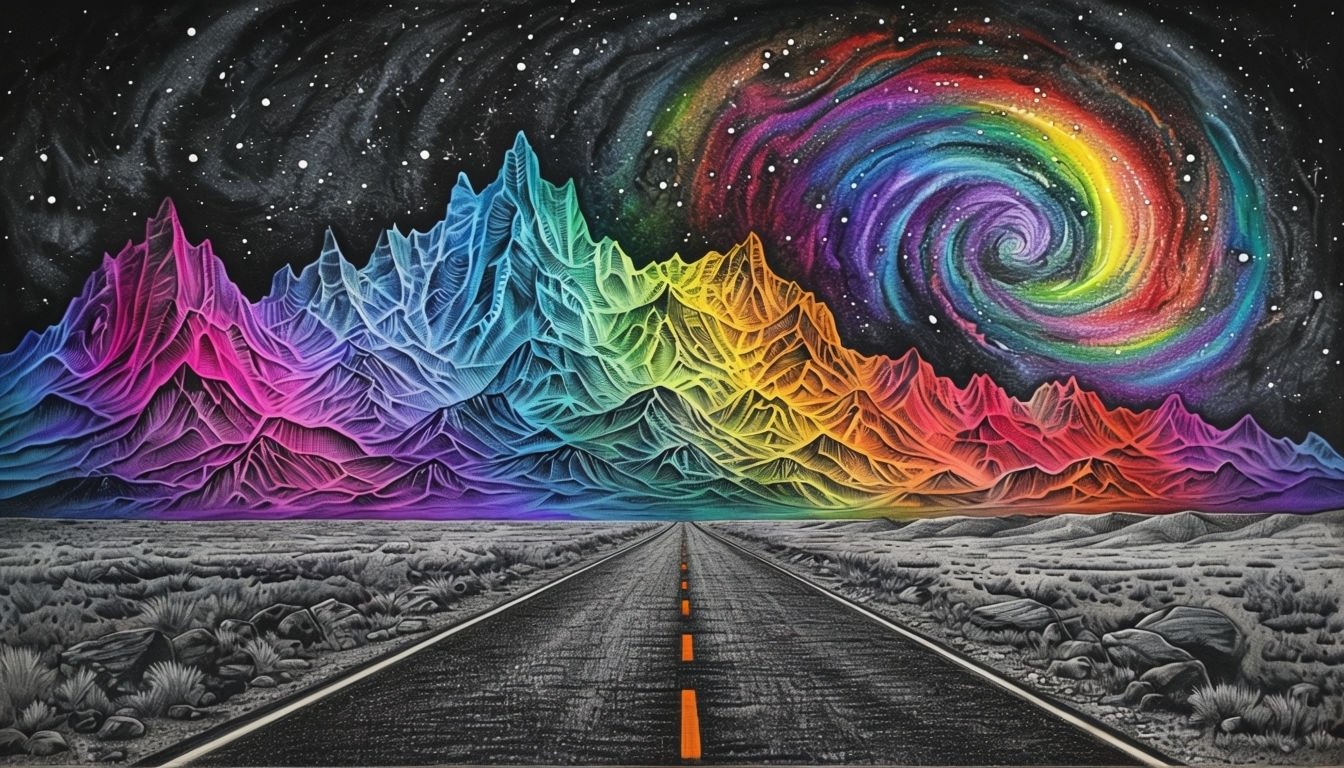 Surreal Neon Mountain Road Landscape with Starry Sky Background