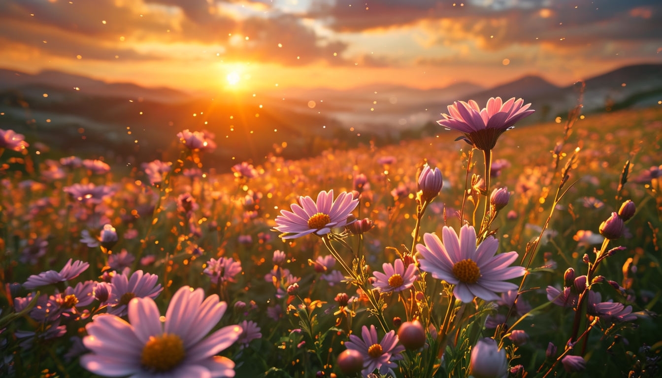 Serene Sunset Over Wildflower Meadow Virtual Background