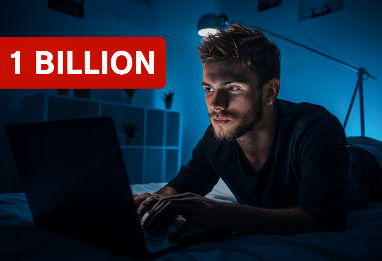 Focused Young Man Working on Laptop in Dim Blue Light Poster