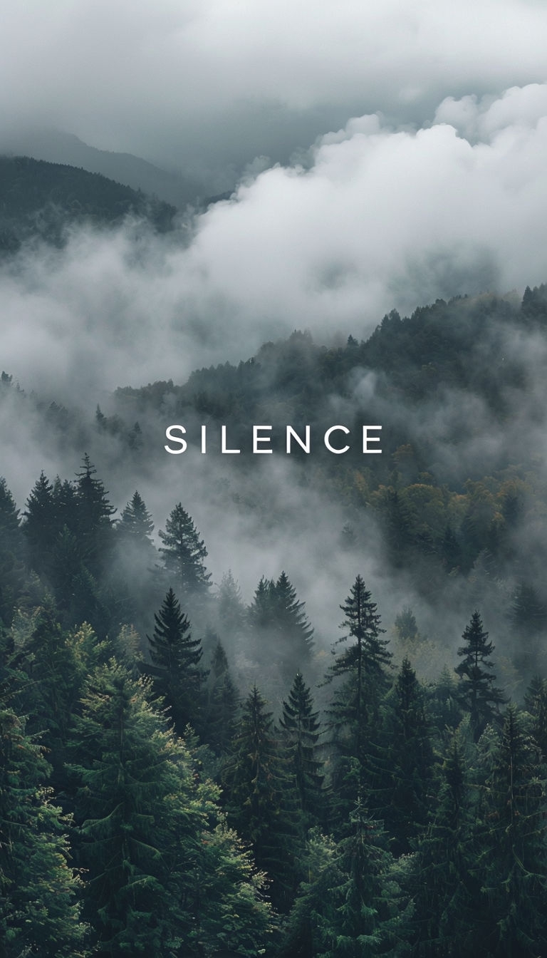 Serene Misty Forest Landscape with SILENCE Typography Mobile Wallpaper