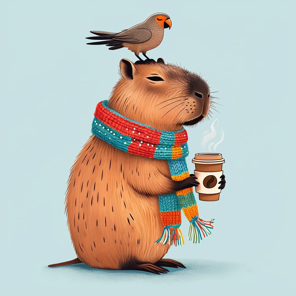 Whimsical Capybara with Coffee and Colorful Scarf Mug
