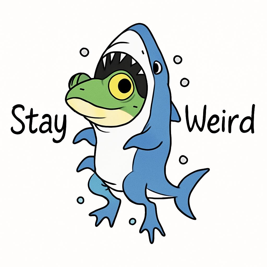 Whimsical Shark Frog Hybrid Illustration with Stay Weird Text Sticker