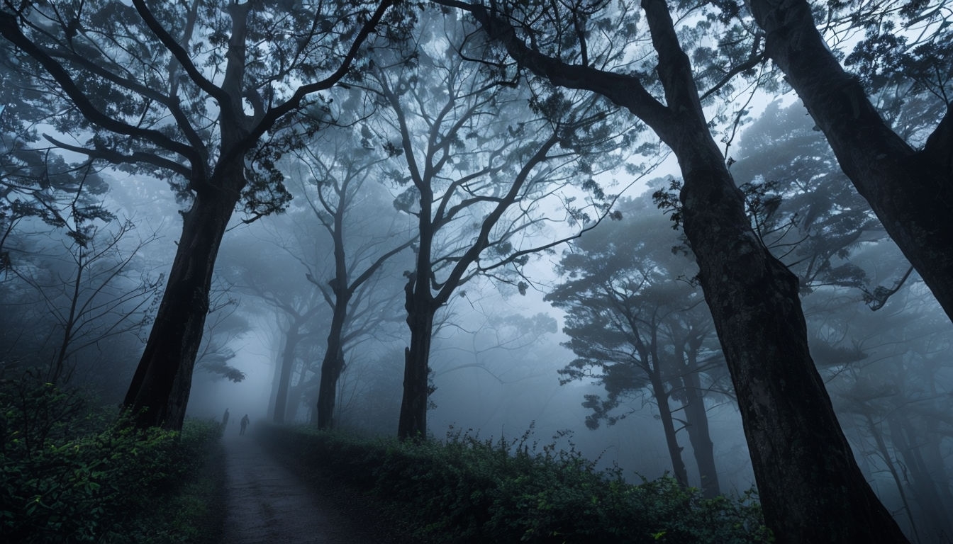 Misty Forest Pathway with Tall Trees Virtual Background