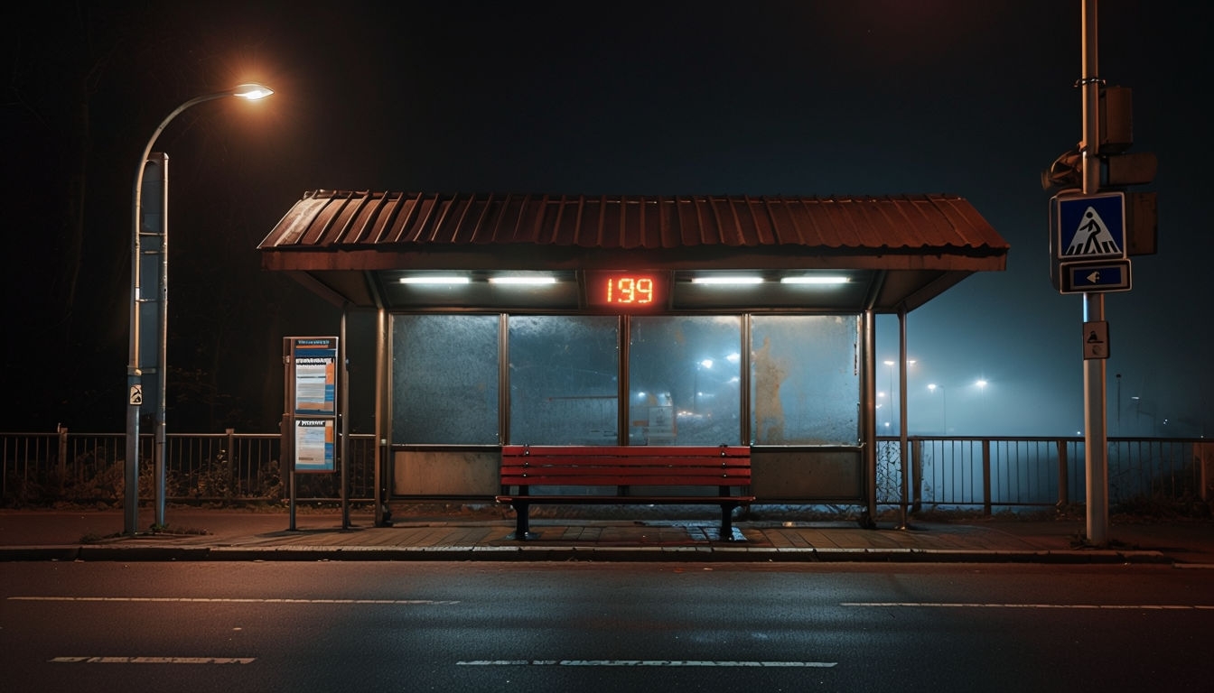 Serene Nighttime Bus Stop with Illuminated Sign Virtual Background